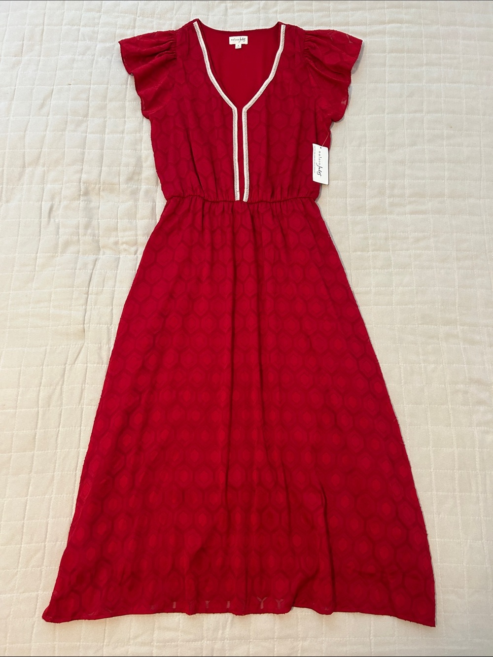 Maison Jules Red Midi Dress with Cream Trim Flutter Sleeves S